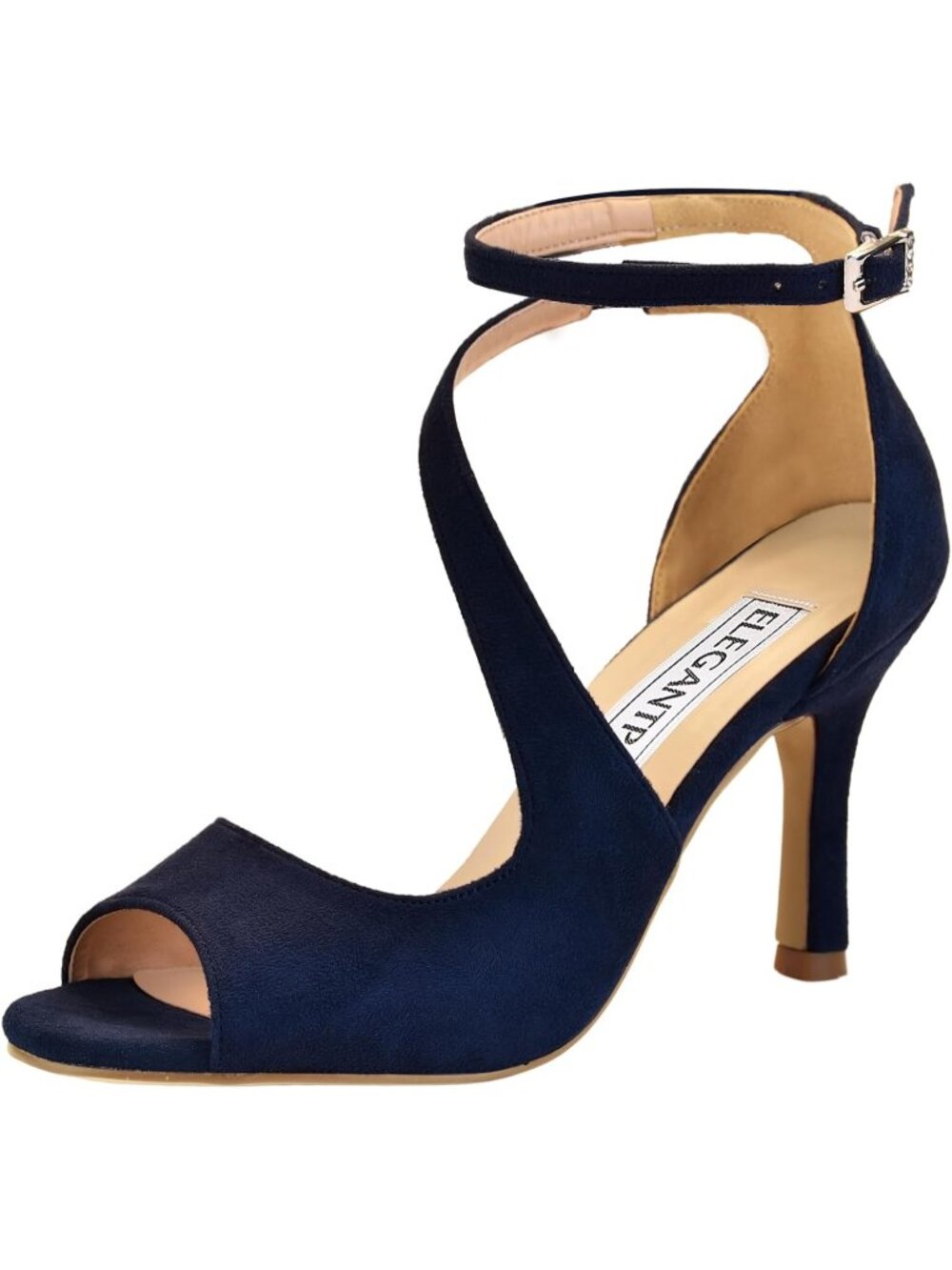 Women's Navy Blue High Heels Sandals Cross Strappy Peep Toe Shoes Buckle
